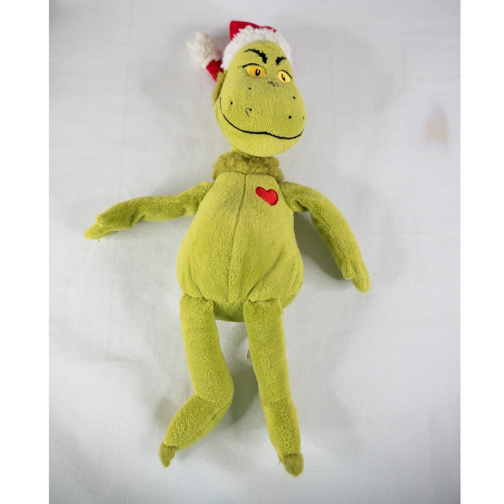 Dr Seuss The Grinch Plush Toy 12in Green Excellent Santa Hat Heart Christmas